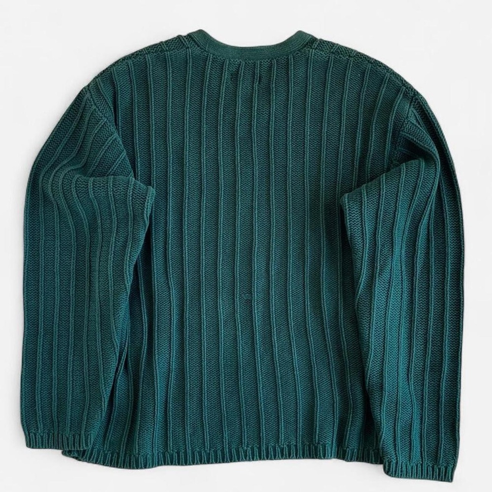 Vintage Aeropostale Green Cotton Chunky Ribbed Knit Blue & White V- Neck Sweater - Picture 4 of 5